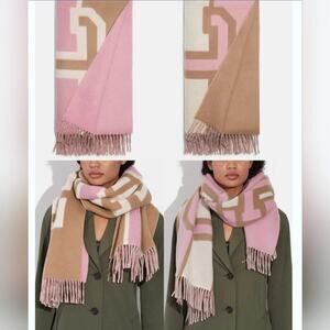 COACH REVERSIBLE WOOL SCARF VARSITY PRINT PINK COLORBLOCK OVERSIZED MUFFLER